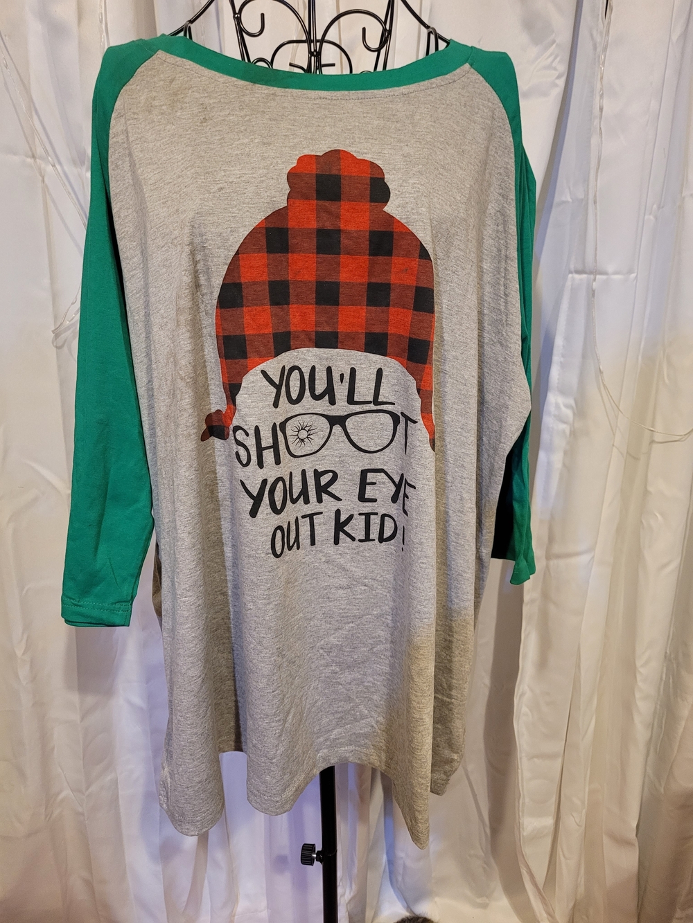 Amazon Women's Gray Raglan Tee with Green Sleeves and Red Plaid Graphic